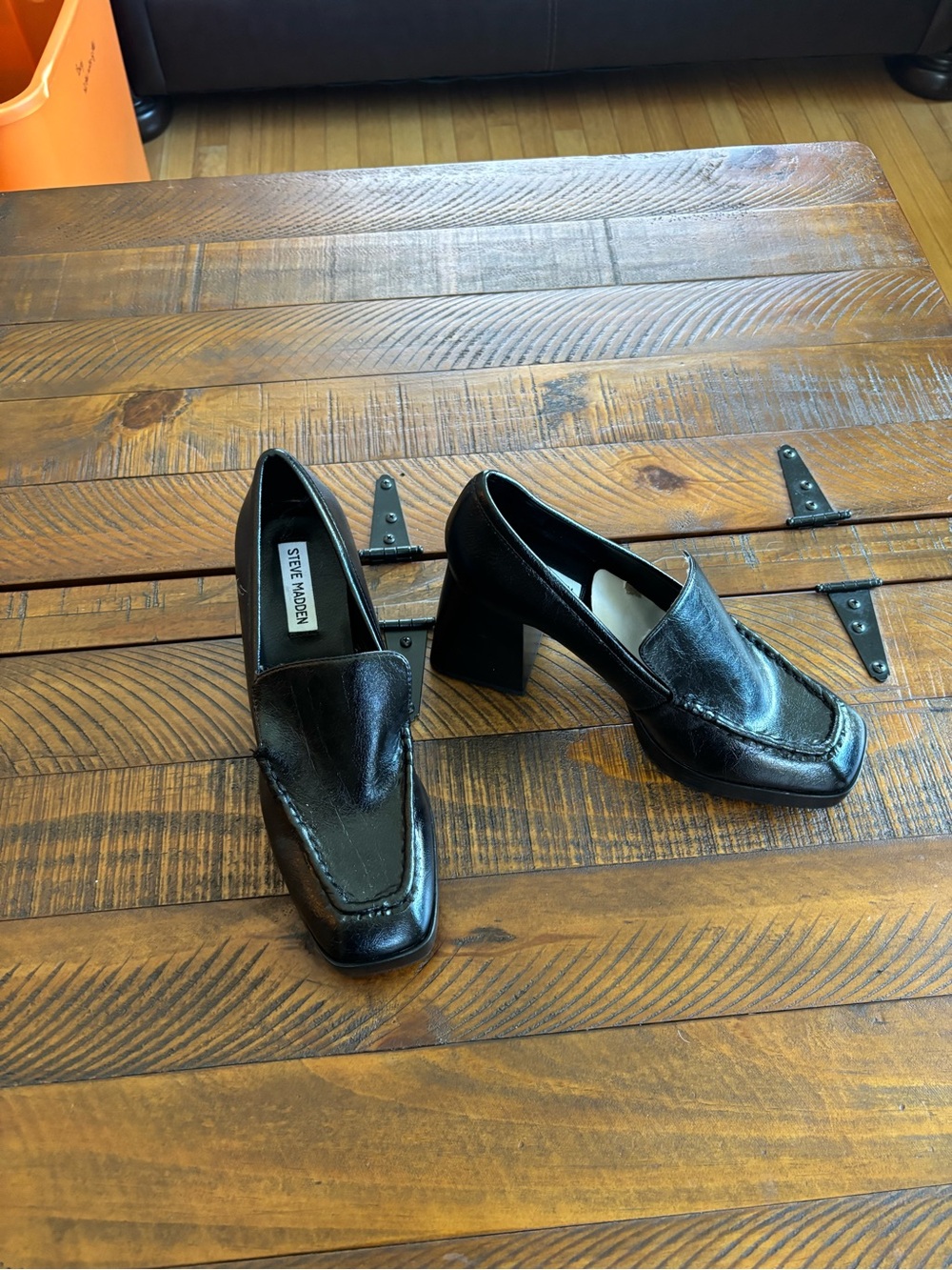 Steve Madden Black Leather Block Heel Loafers - Square Toe